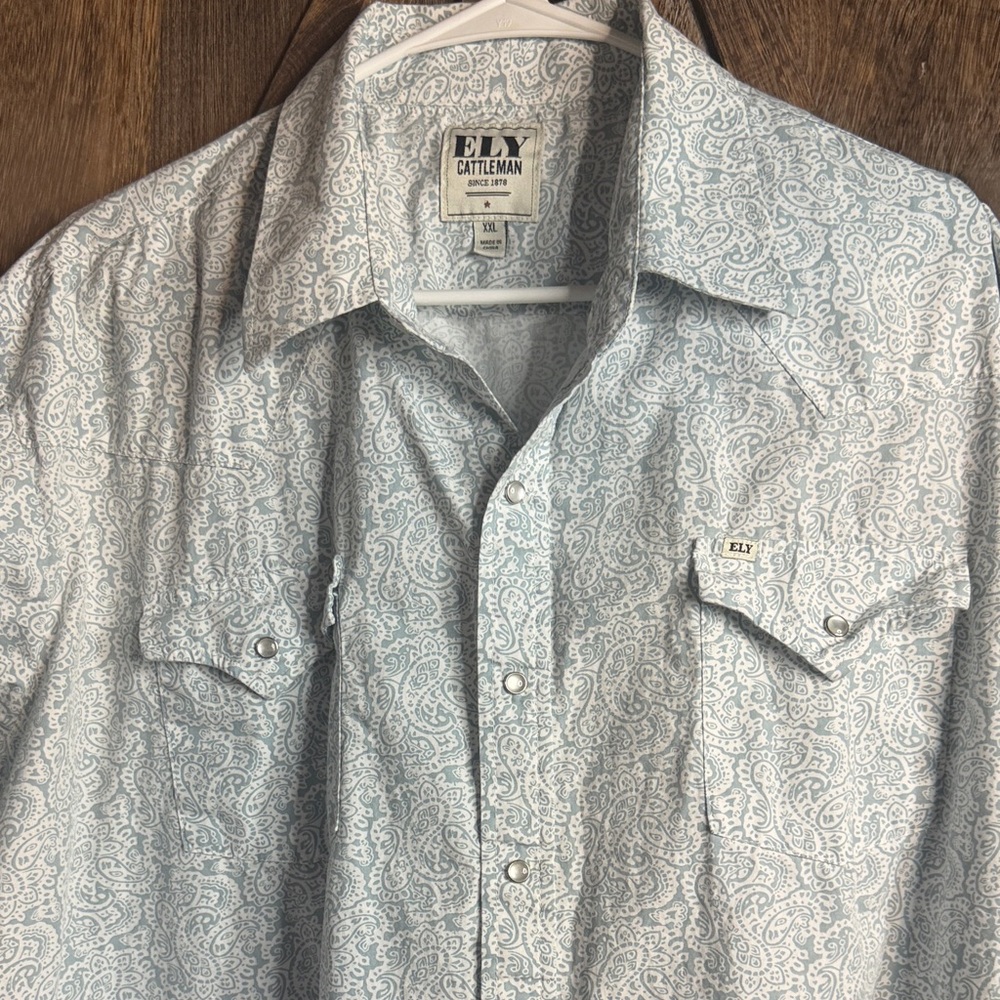 Ely Cattleman Men's Pale Blue Paisley pearl Button-Down Western Shirt - Picture 2 of 6